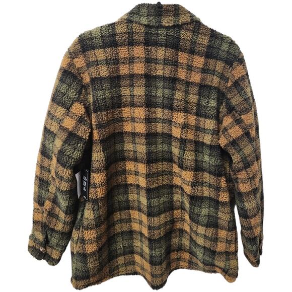 Volcom Silent Sherpa Faux Fur Bronze Plaid Jacket Shacket Size Women Large NWT - Picture 3 of 6